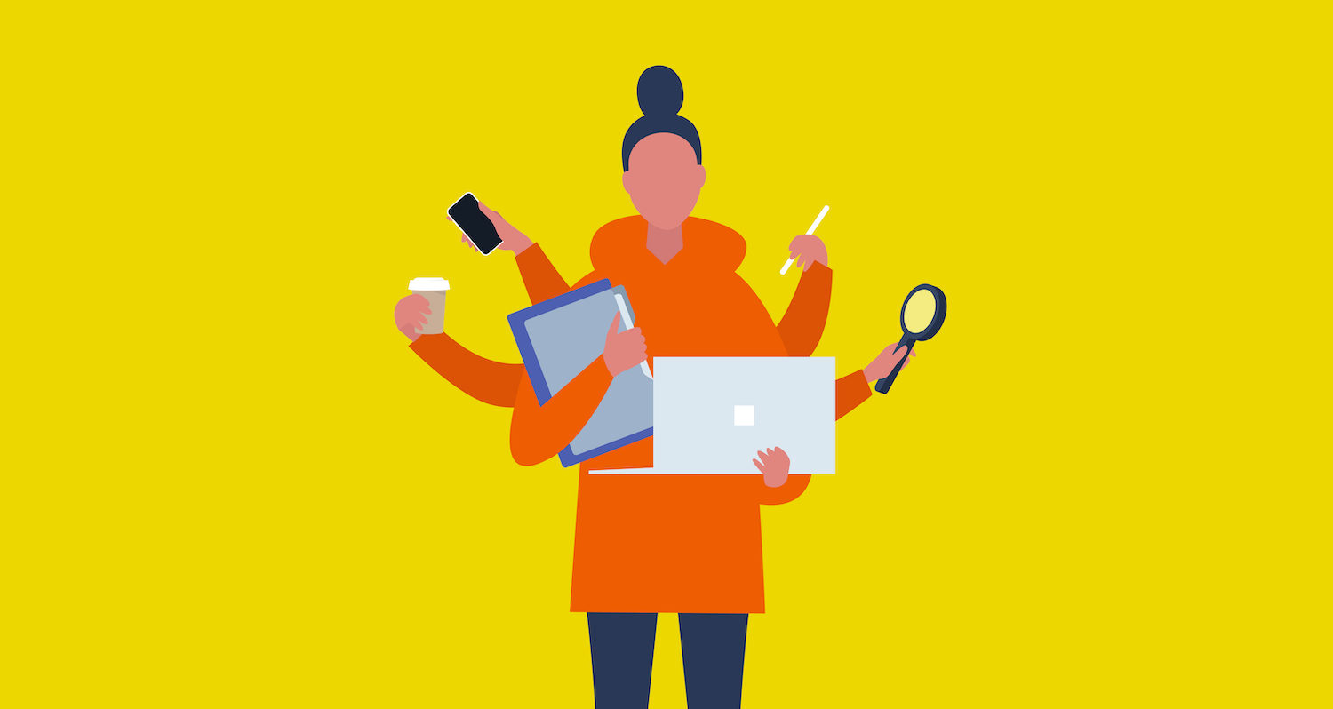 Multitasking millennial concept. Young female character with six hands doing a lot of tasks at the same time / flat editable vector illustration