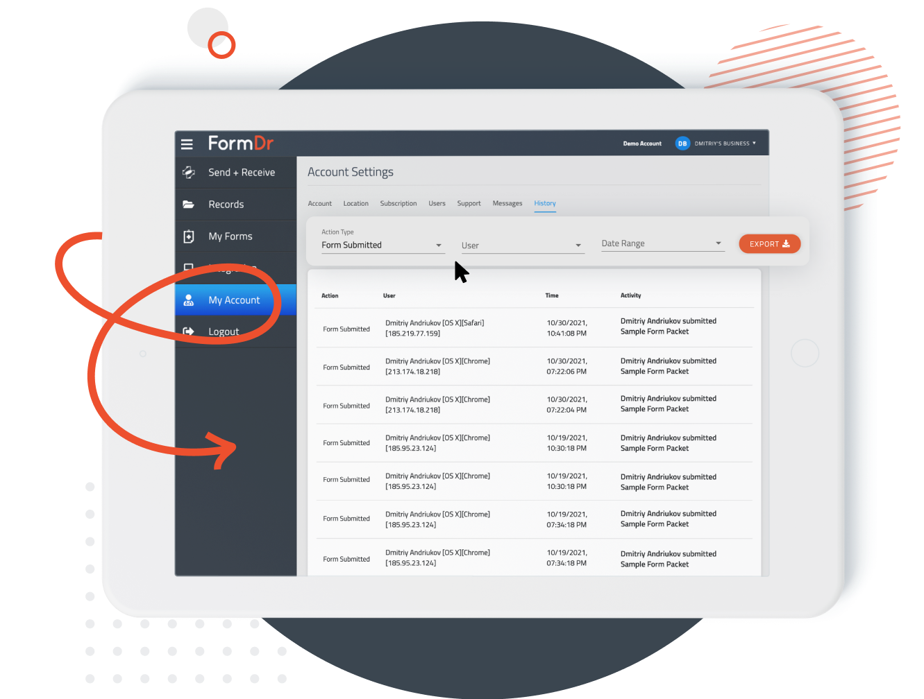 Filtering account history by user, action type, and date range