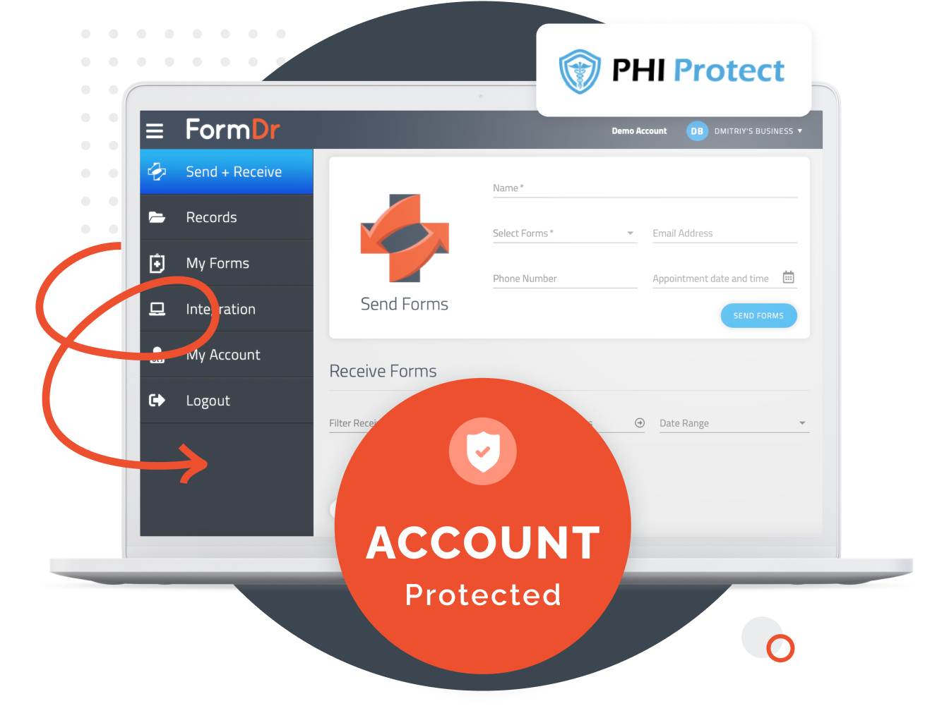Encrypted ePHI submitted to a FormDr account and stored in the database