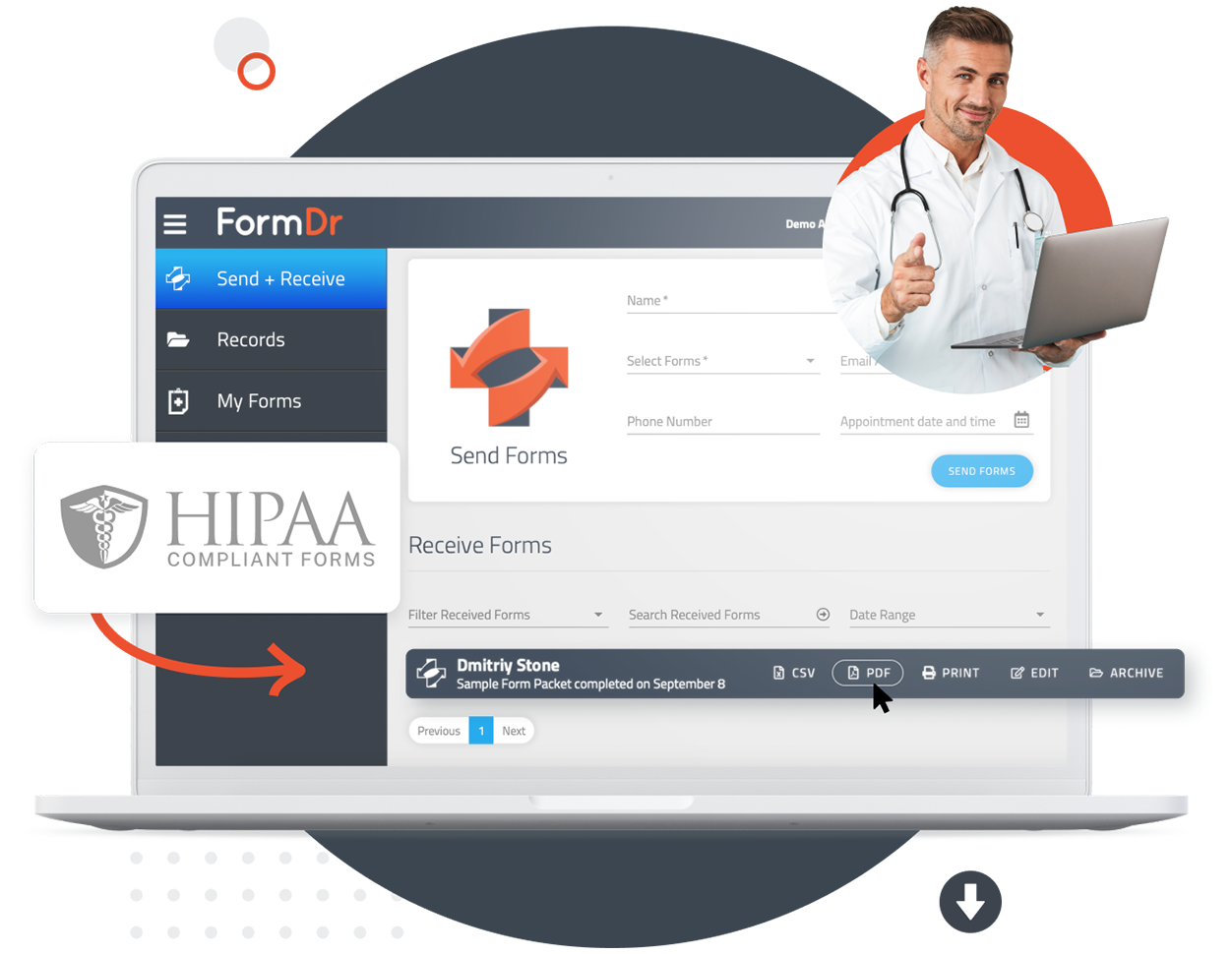 Completed patient forms exported as a PDF for upload to an EHR chart