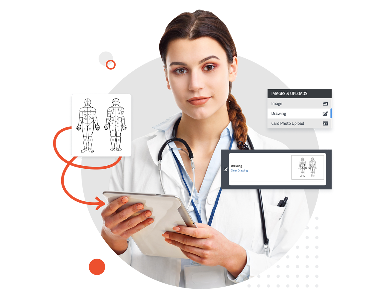 Patient circling pain areas on an anatomical diagram with a fingertip