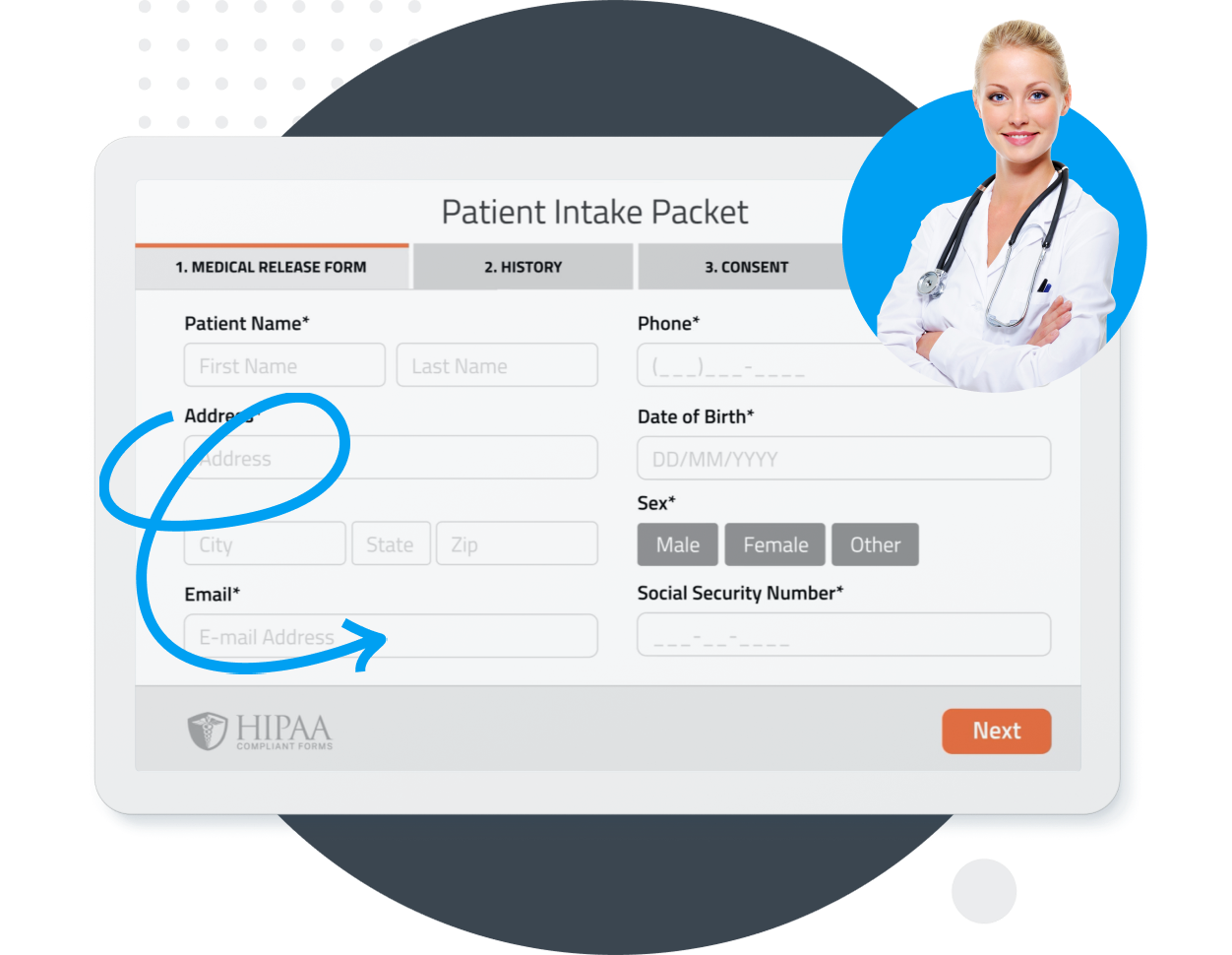 New patient packet containing demographics, history, and consent forms