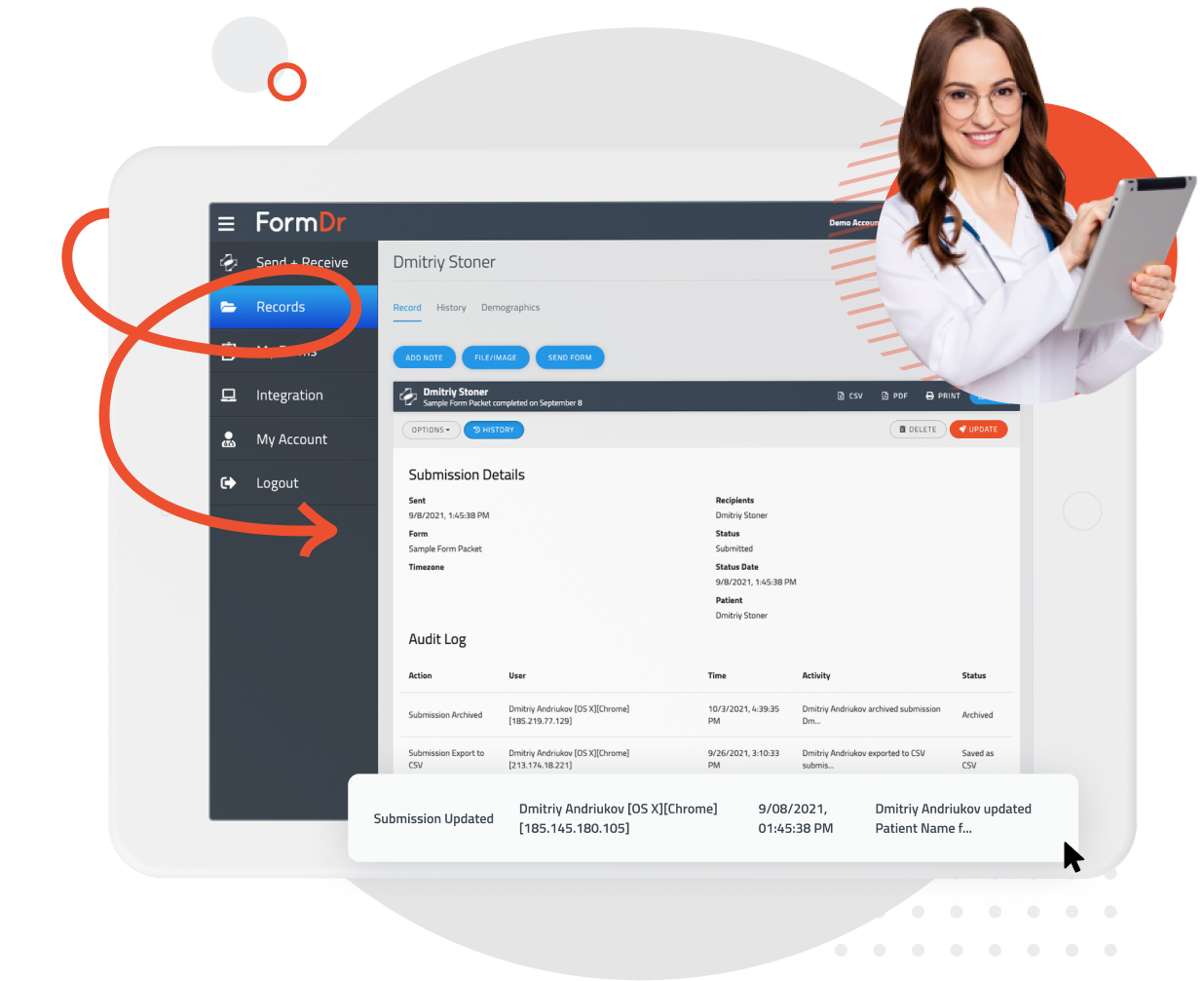 Non-editable time-stamped audit trail page appended to a completed form submission