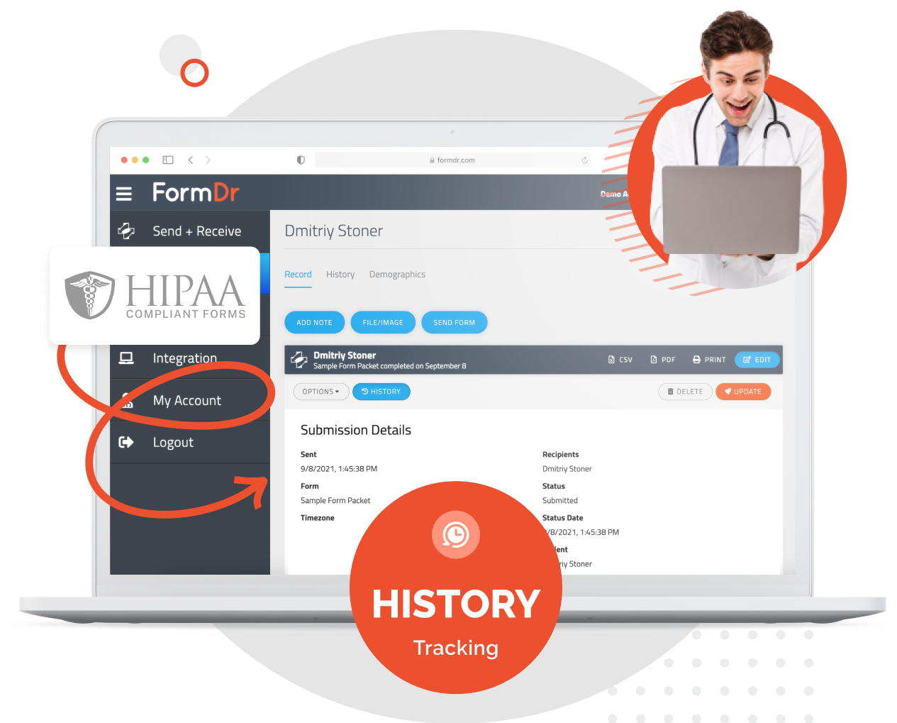 Submission audit log capturing patient IP address, location, and device used to sign