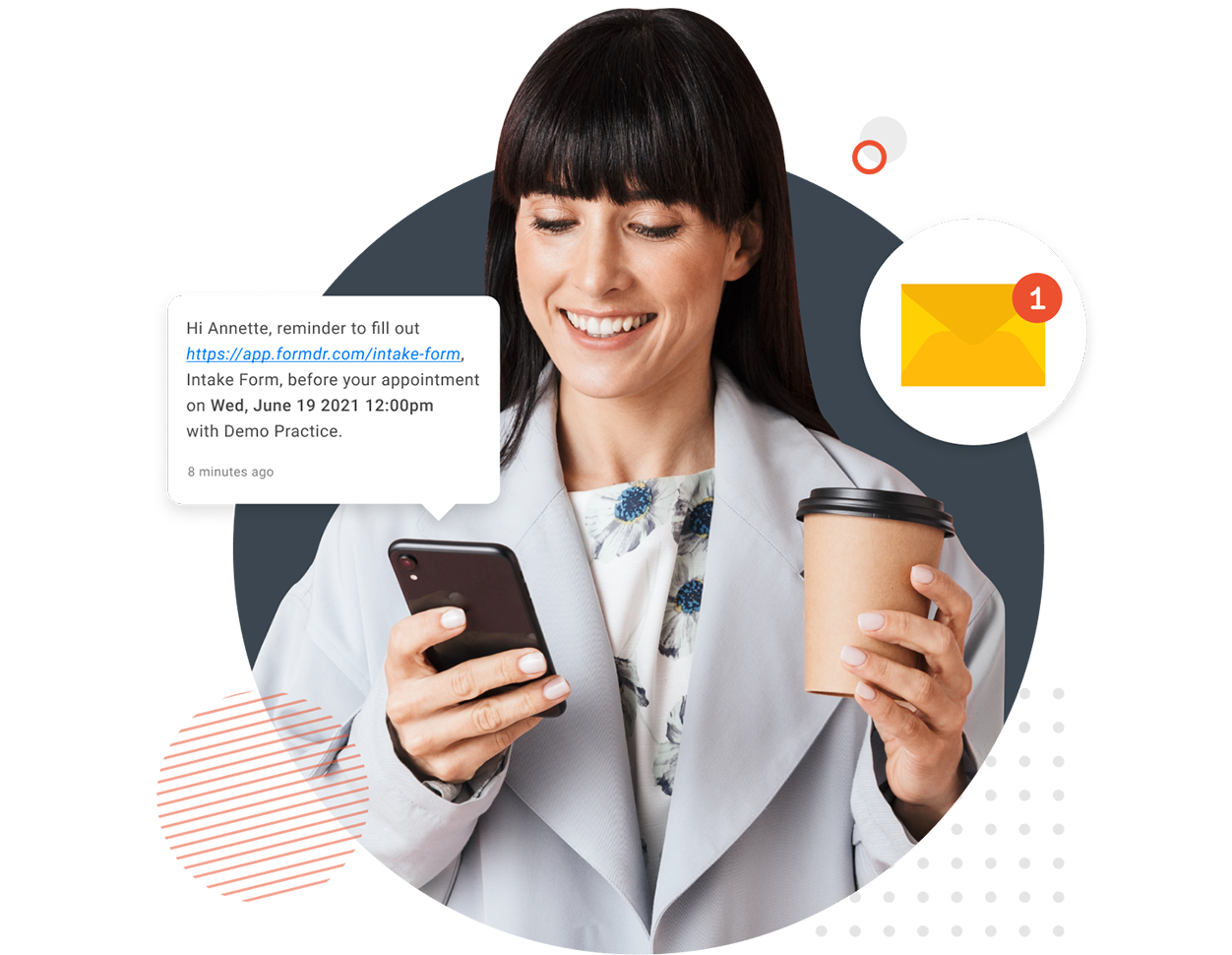 Patient opening a form link from a text message on a phone
