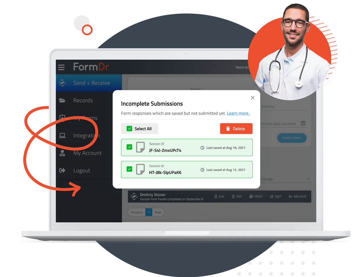 Incomplete patient submission data visible inside a FormDr account