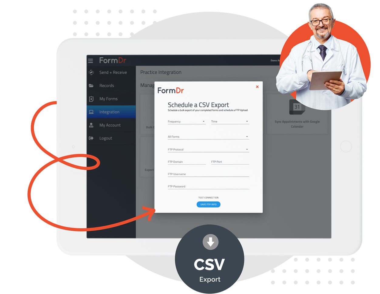 Encrypted patient data transferred to a practice's own server