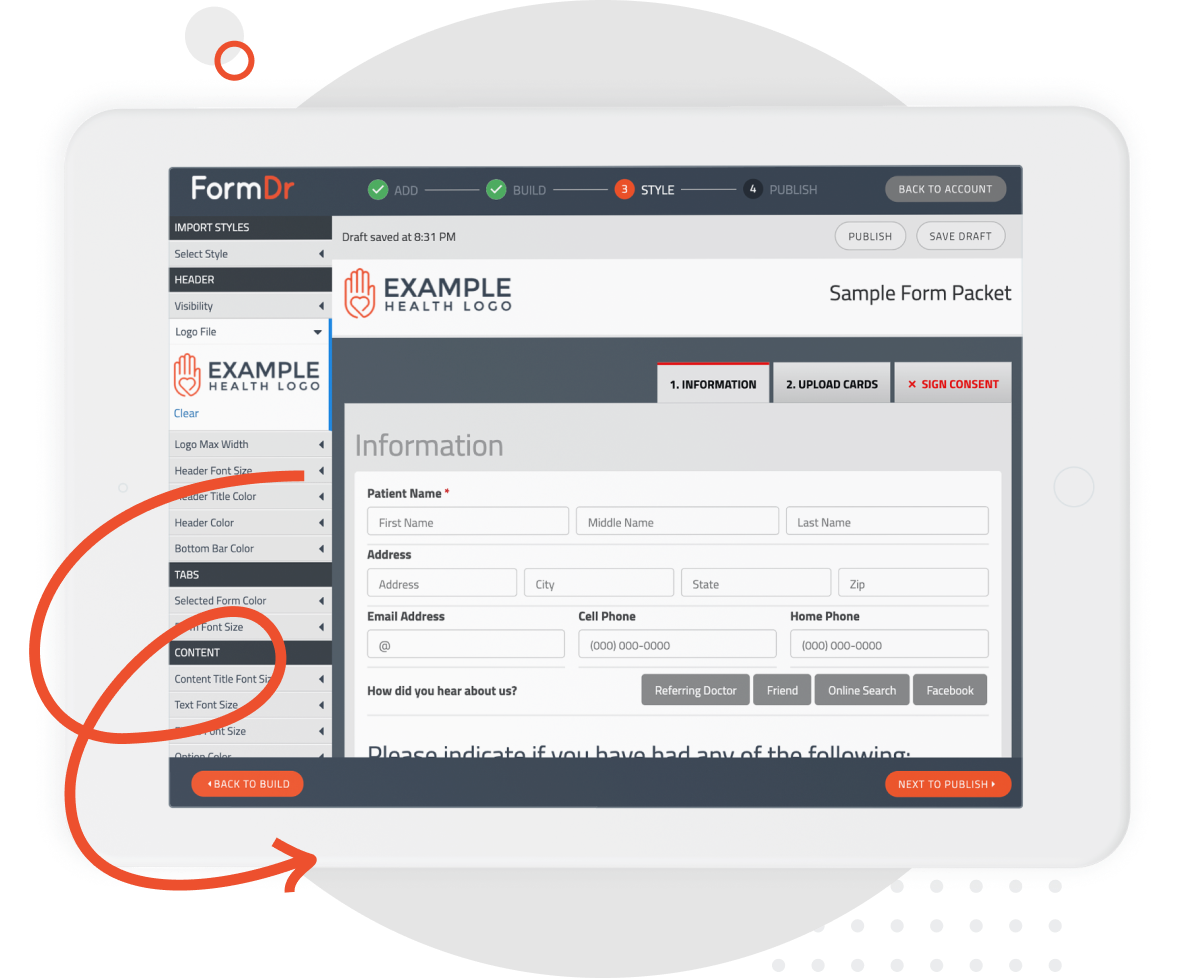 Patient form URL displaying a custom company domain