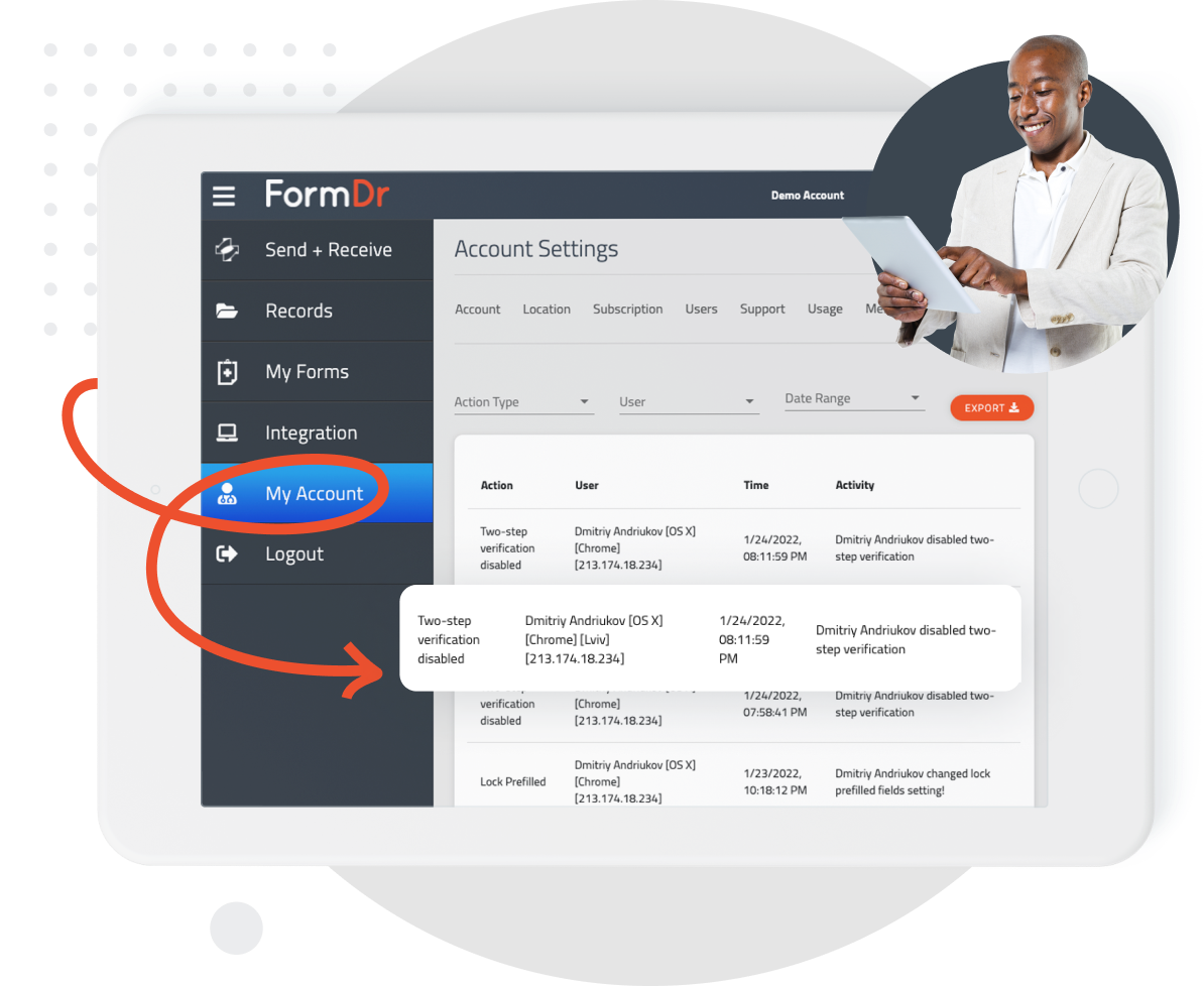 Audit log listing trusted devices with operating system, IP address, and date added