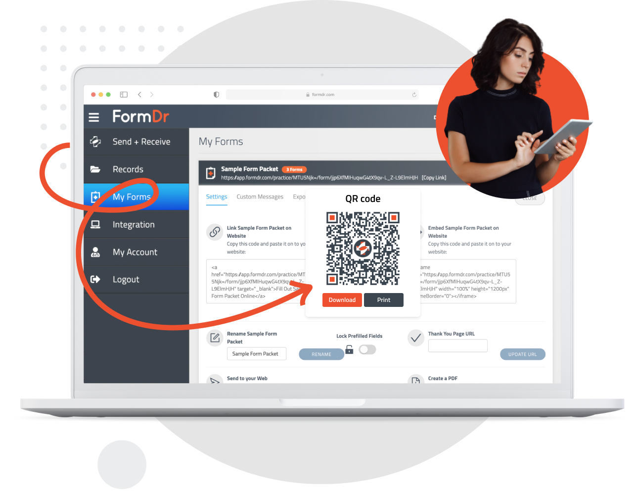 Printed QR code sign directing patients to online intake forms