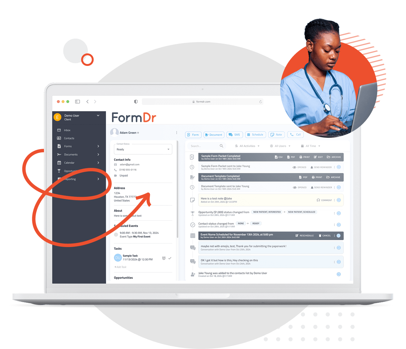Healthcare CRM analytics dashboard showing patient trends and practice performance