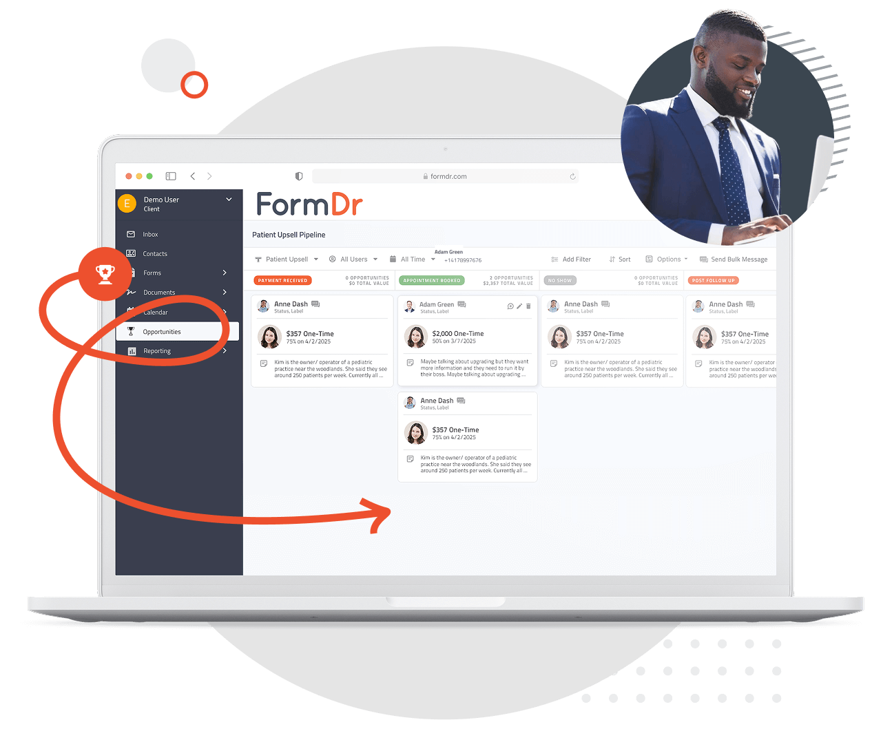Real-time pipeline analytics showing patient conversion rates and acquisition trends