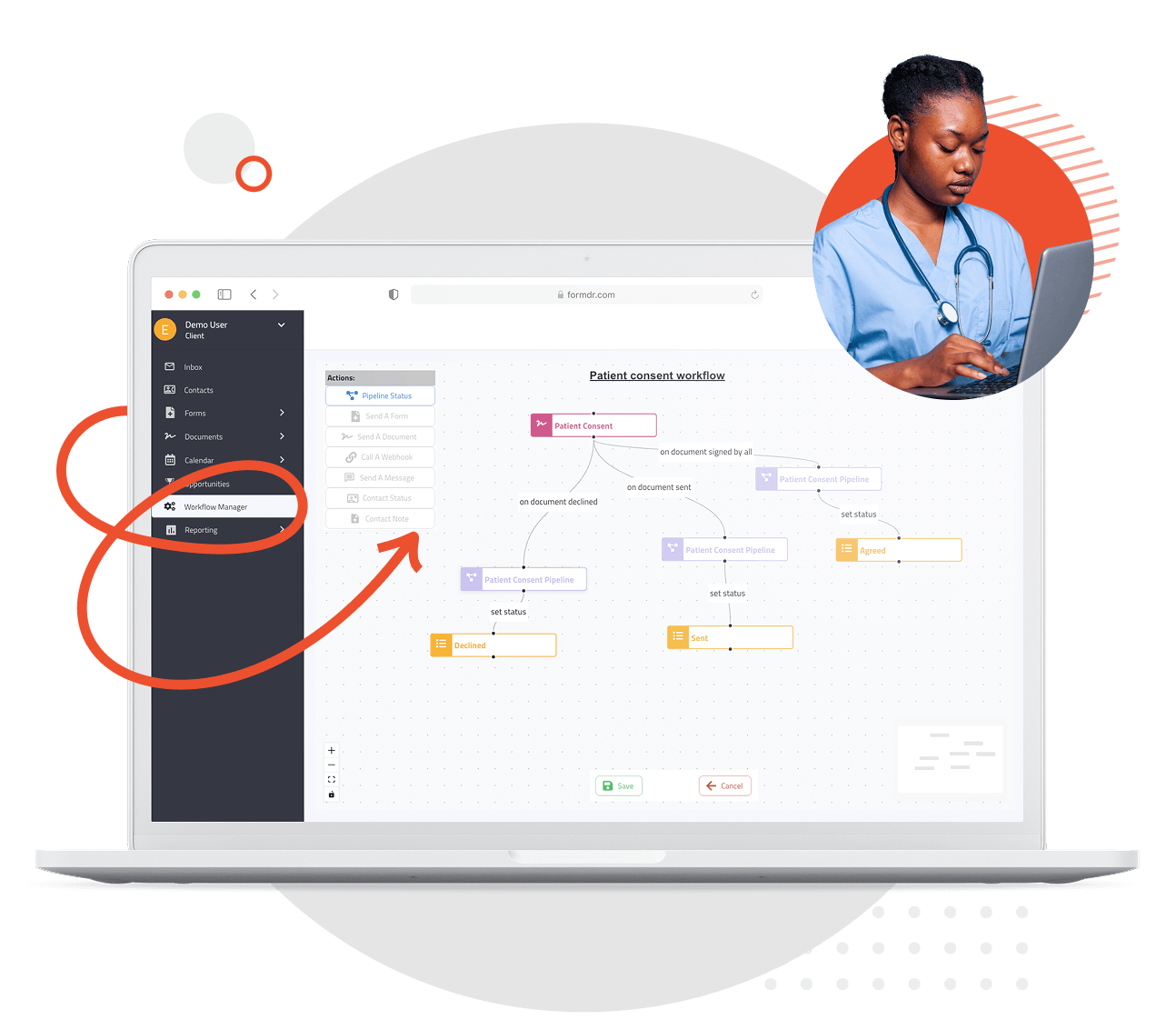 Drag-and-drop workflow builder with triggers and actions