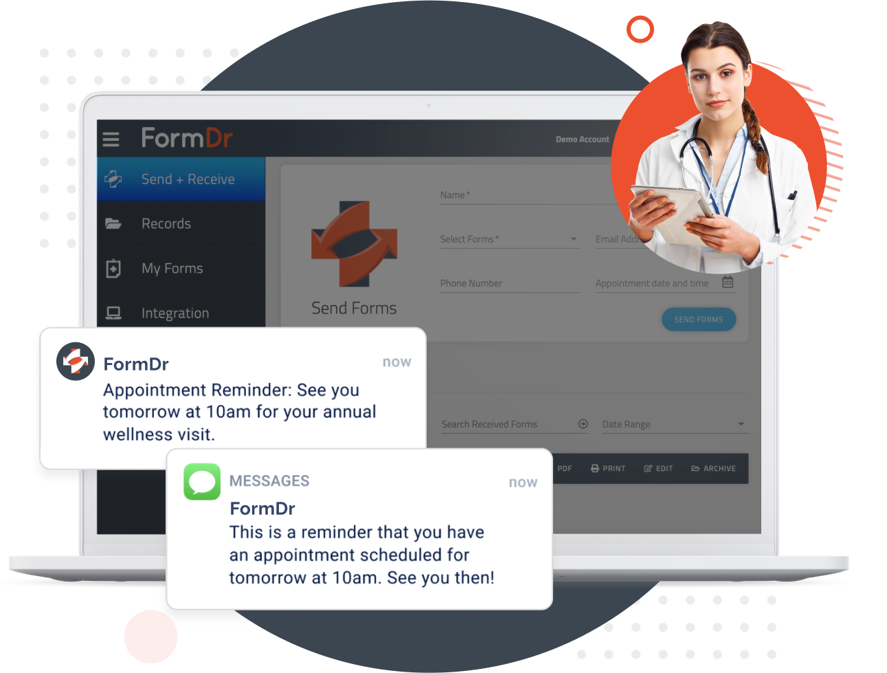 Text message and email invitation sending HIPAA compliant patient forms with appointment details
